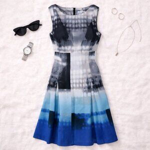 Calvin Klein Abstract Blue Fit & Flare Dress Wedding Cocktail Events Size 12 NWT